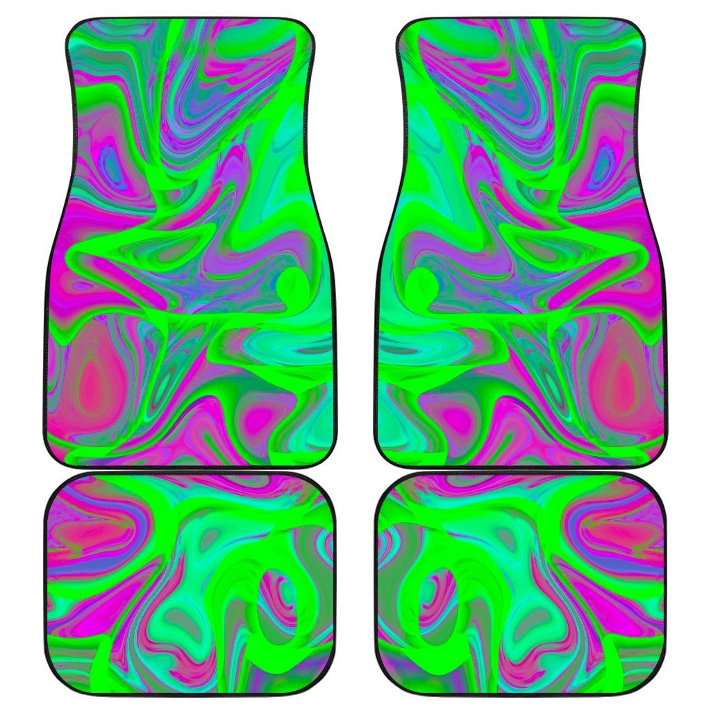 Neon Green Pink Psychedelic Trippy Print Front And Back Car Floor Mats, Front Car Mat