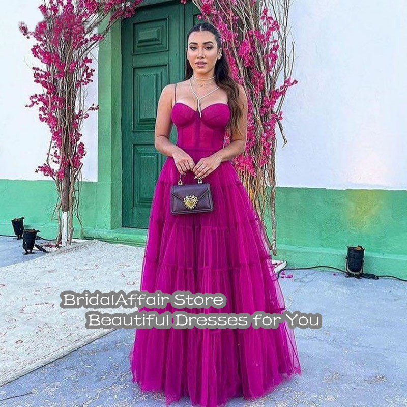 BridalAffair Fuchsia Long Prom Dresses 2023 Newest Tiered Tulle Formal Evening Dress Princess Women Wedding Party Gowns alx