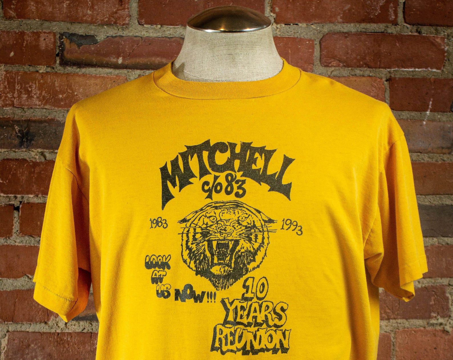 Vintage 1993 Mitchel Tiger 10 Year Reunion Yellow Graphic T Shirt