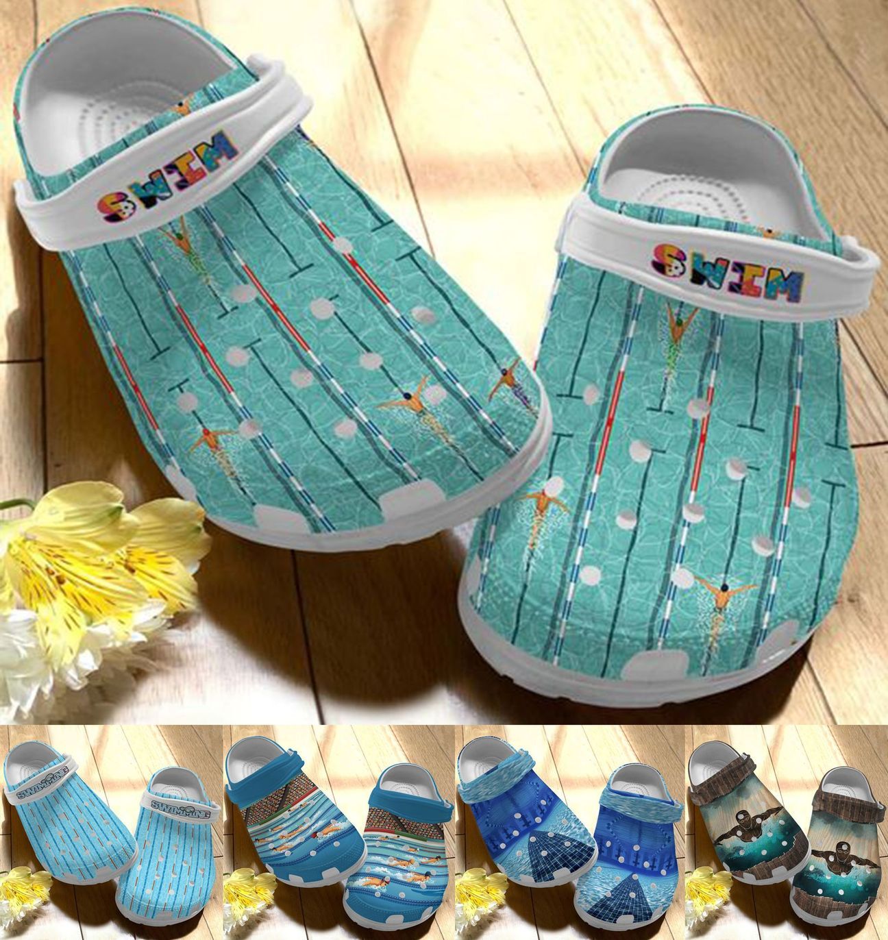 Swimming Personalize Clog, Custom Name, Text, Fashion Style For Women, Men, Kid, Print 3D Whitesole Swimming Collection