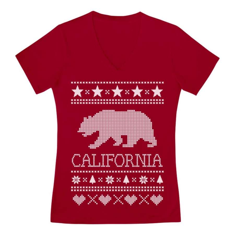 Cali Bear – California Republic Ugly Christmas Sweater V-Neck Fitted Women T-Shirt