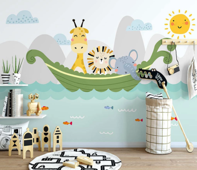 3D Cartoon Lake Boat Animal Wall Mural Wallpaper Lqh 285