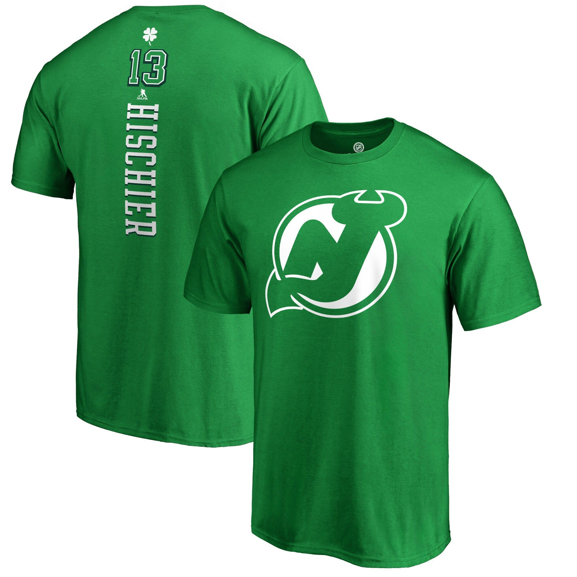 Men’S Fanatics Branded Nico Hischier Kelly Green New Jersey Devils St. Patrick’S Day Backer Name & Number T-Shirt