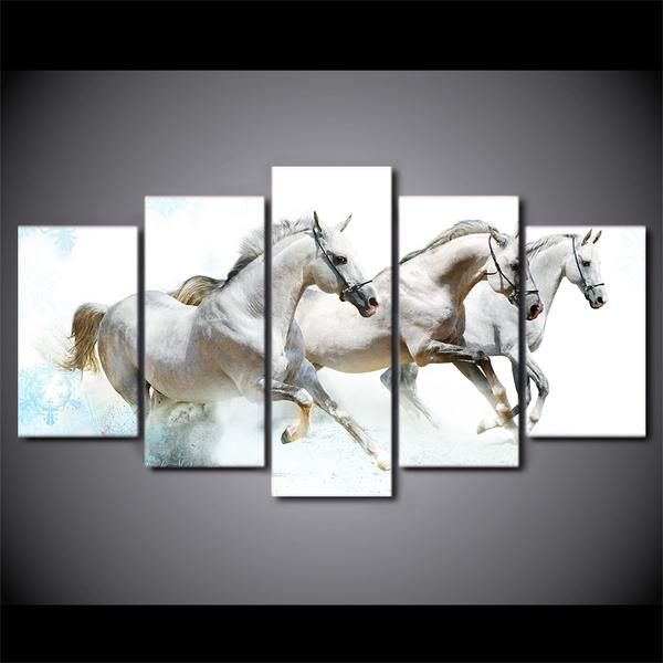 Running White Horses Animal 5 Panel Canvas Art Wall Decor