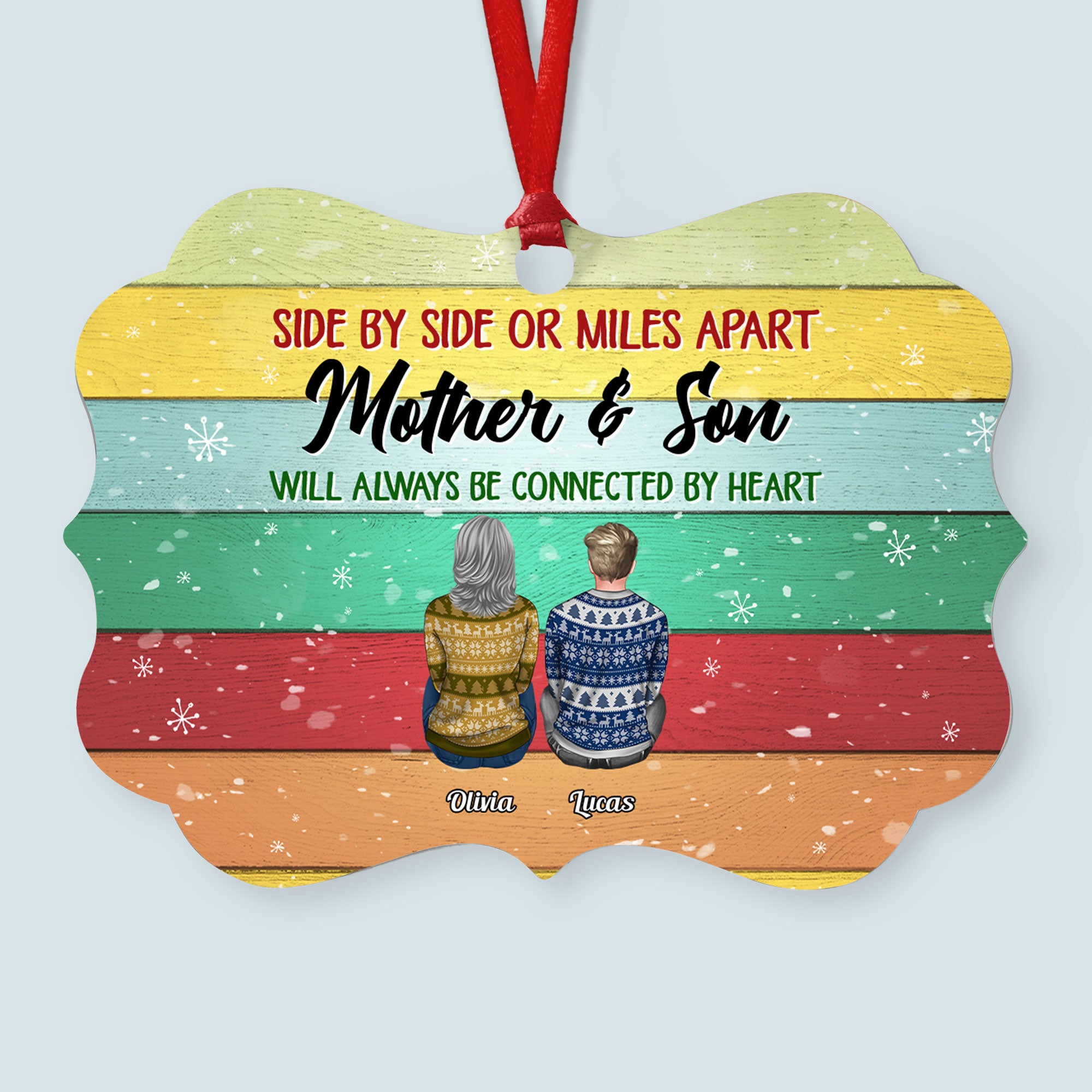 The Love Between Mother And Son Is Forever – Personalized Aluminum Ornament – Christmas Gift Ornament For Mom – Ugly Christmas Sweater Sitting