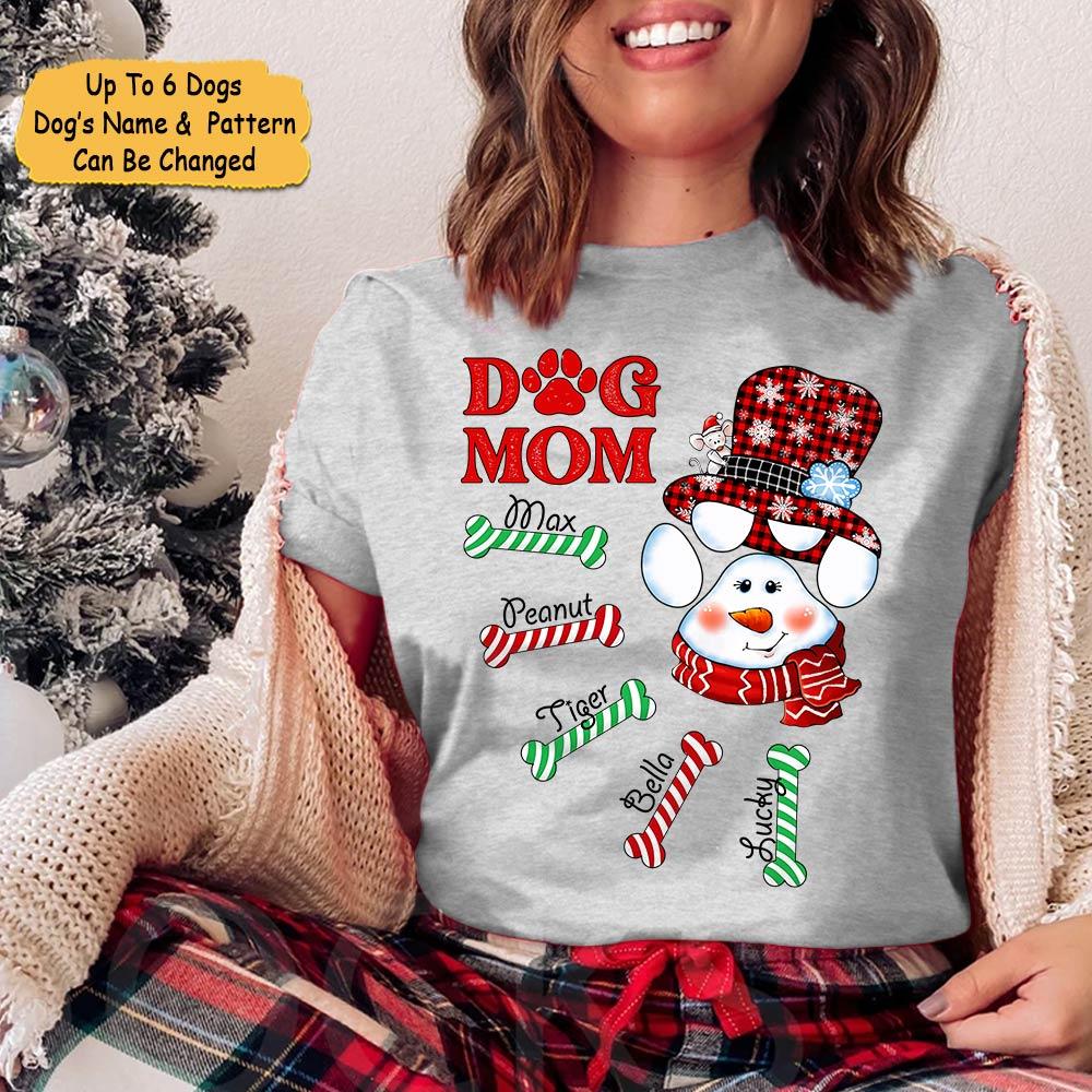 Personalized T-Shirt For Dog Lovers Dog Mom Shirt Dog Paw Snowman & Candy Cane Printed Custom Dog’S Name