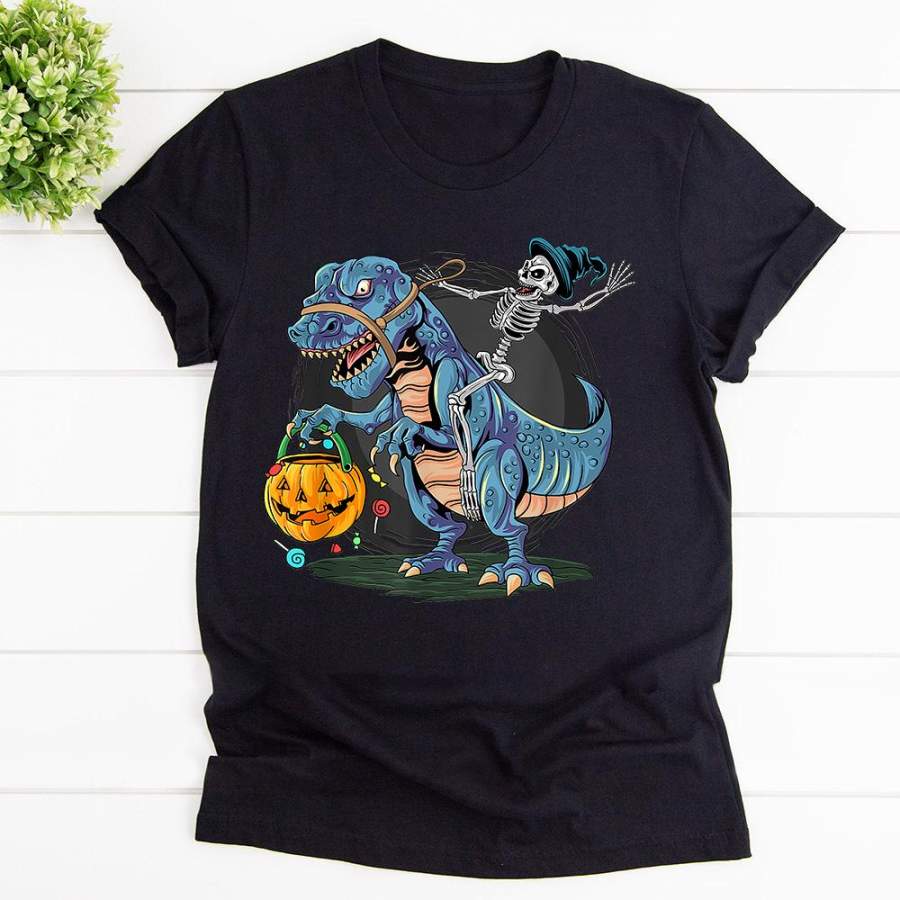 Skeleton riding t rex halloween with candy pumpkin black cotton t shirt for men and women S-6XL