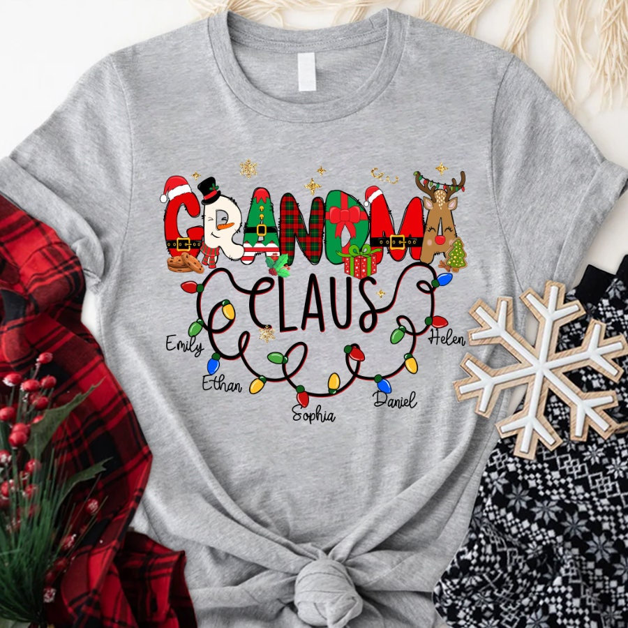 Custom Christmas Grandma Claus T Shirt, Christmas Doodle Grandma Nana Mimi Shirt With Kidnames, Grandma Lights Claus Shirt for Xmas 2022