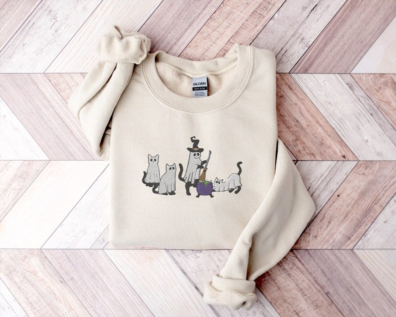 Cat Witch Halloween Embroidered Sweatshirt Crewneck Sweatshirt All Over Print Sweatshirt For Women Sweatshirt For Men Sws2765