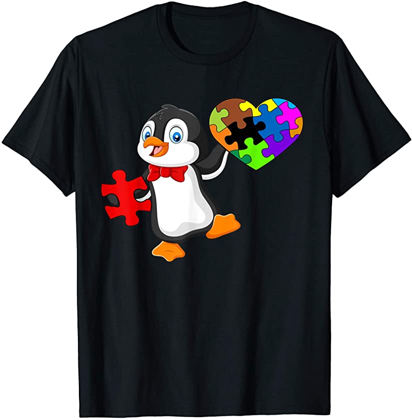 Penguin Autism Awareness color heart puzzle piece T-Shirt