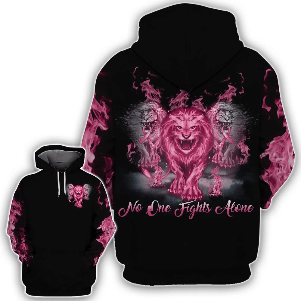 Breast Cancer Shirt No One Fights Alone Breast Cancer Flaming Lions Pink Black Hoodie Apparel For Women