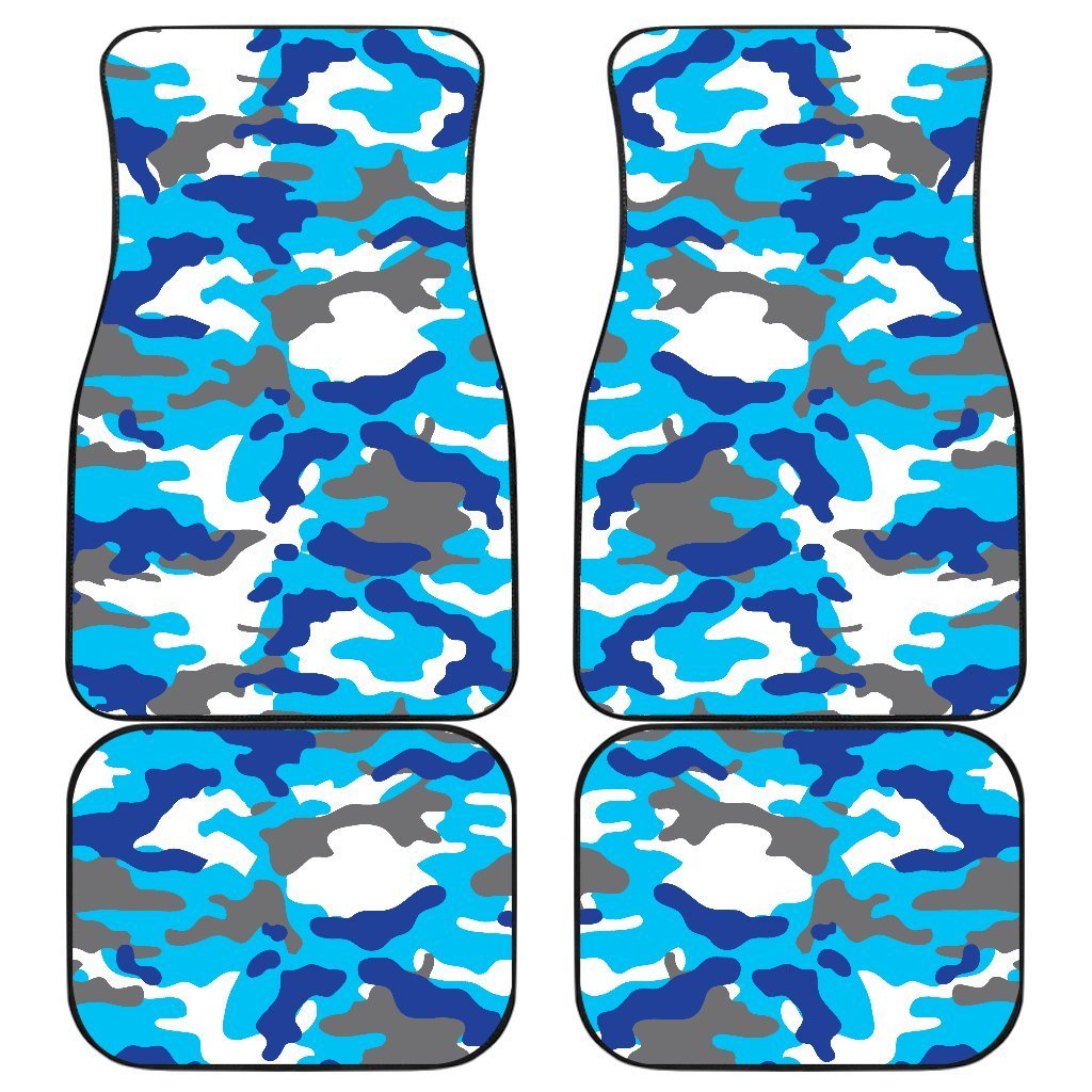 Blue Snow Camouflage Print Front And Back Car Floor Mats, Front Car Mat