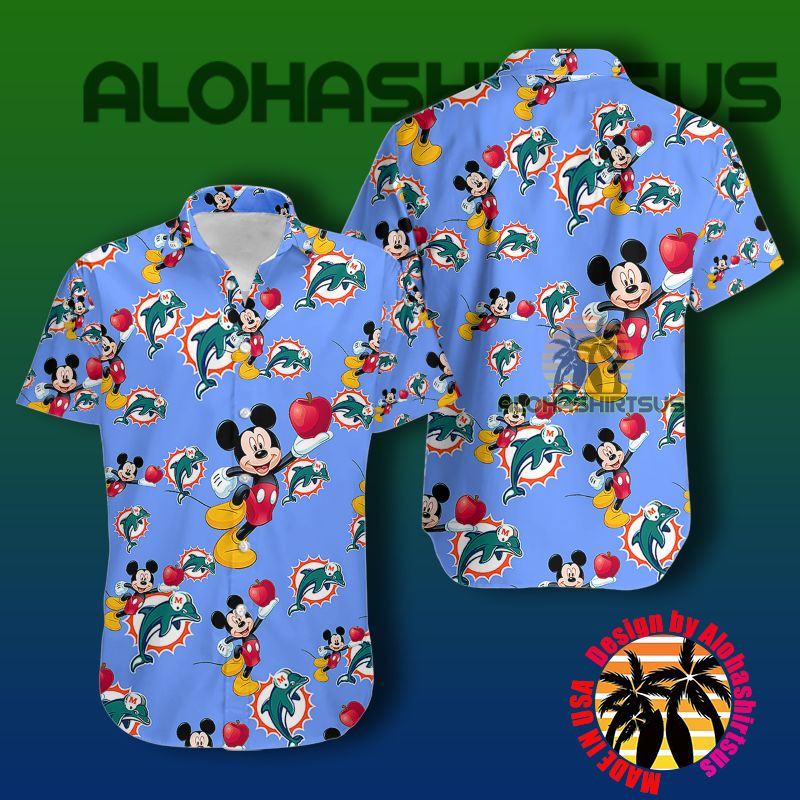 Mickey Mouse Apple Miami Dolphins Nfl Blue Hawaiian Shirt Outfit Men