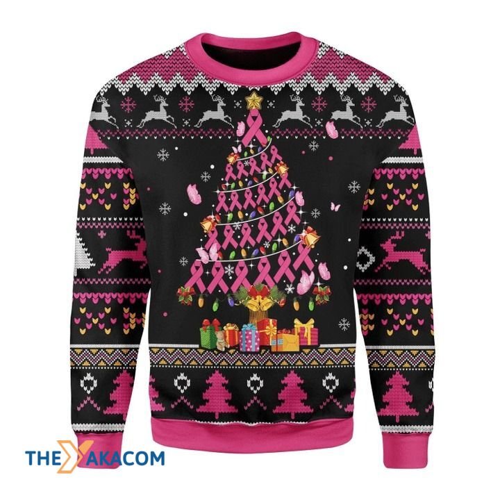 Breast Cancer Awareness With Pink Ribbon On Christmas Tree Gift For Christmas Ugly Christmas Sweater