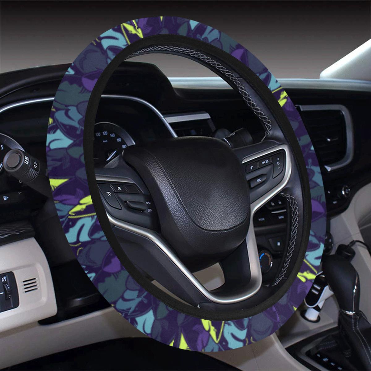 Shark Neon Color Print Steering Wheel Cover With Elastic Edge