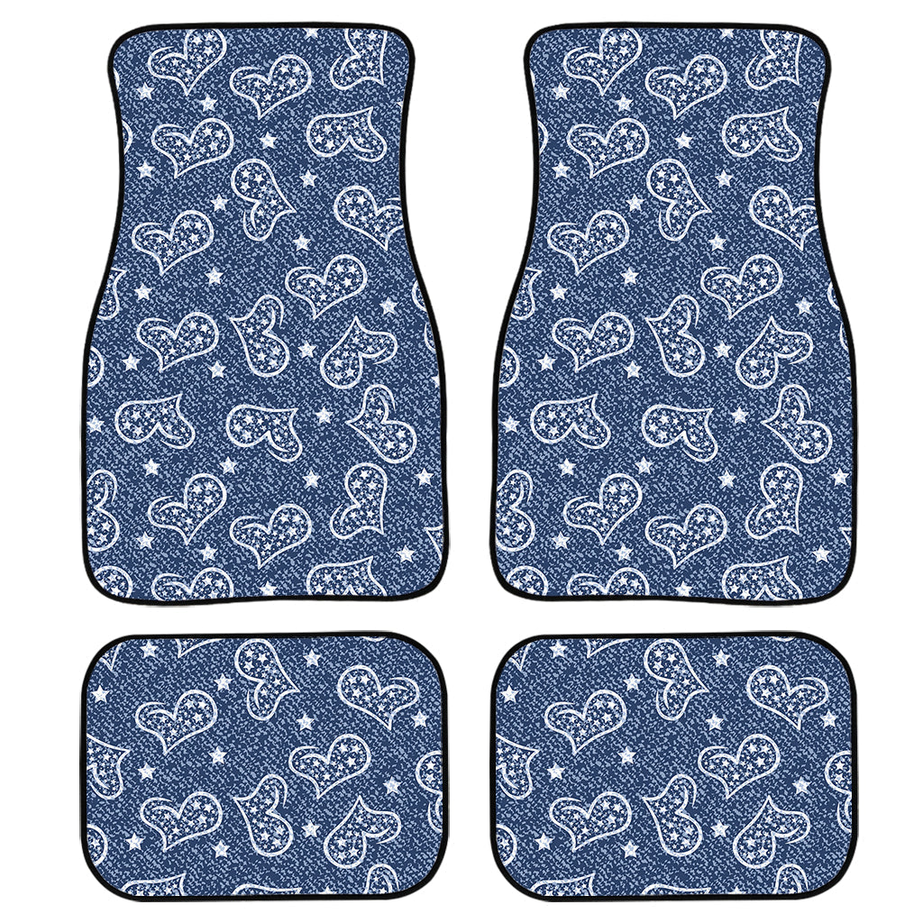 Heart And Star Denim Jeans Pattern Print Front And Back Car Floor Mats, Front Car Mat