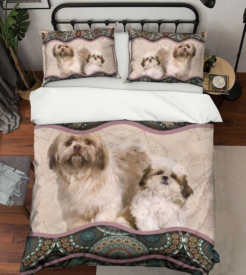 Lovely Mother Shih Tzu And Her Puppy Mandala Pattern Dog Lovers Bedding Cover With 2 Pillowcases