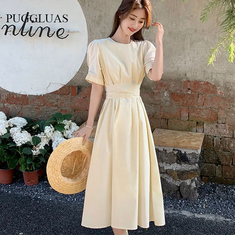 Summer Women Midi Dress Korea O Neck Lace up Bow One Piece Female Fashion Elegant Temperament A Line Yellow Vestido Ruffle Dress alx