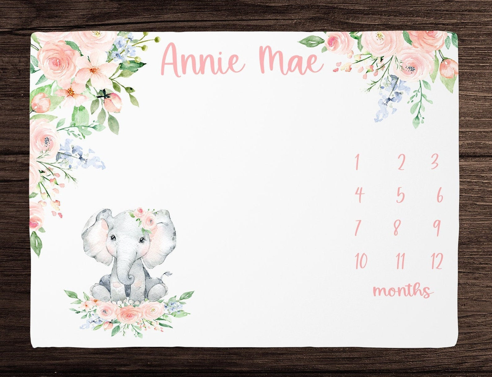 Personalized Elephant And Rose Monthly Milestone Blanket, Newborn Blanket, Baby Shower Gift Watch Me G