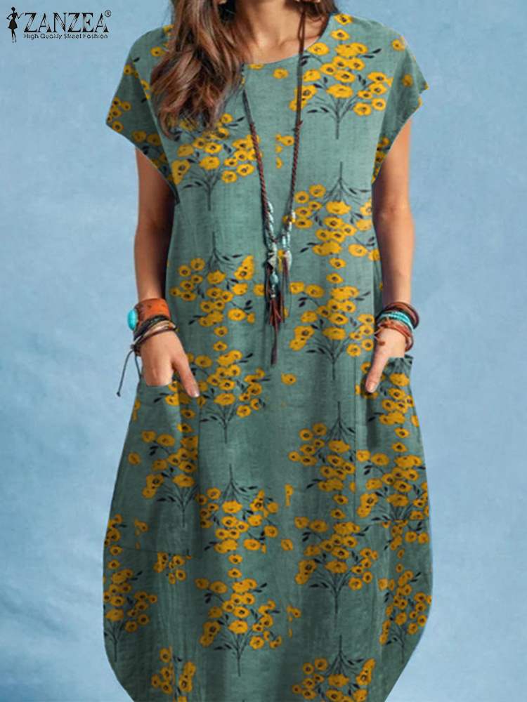 2022 ZANZEA Vintage Floral Print Dress Women Summer O-Neck Short Sleeve Pocket Kleid Robe Bohemian Casual Holiday Loose Sundress alx