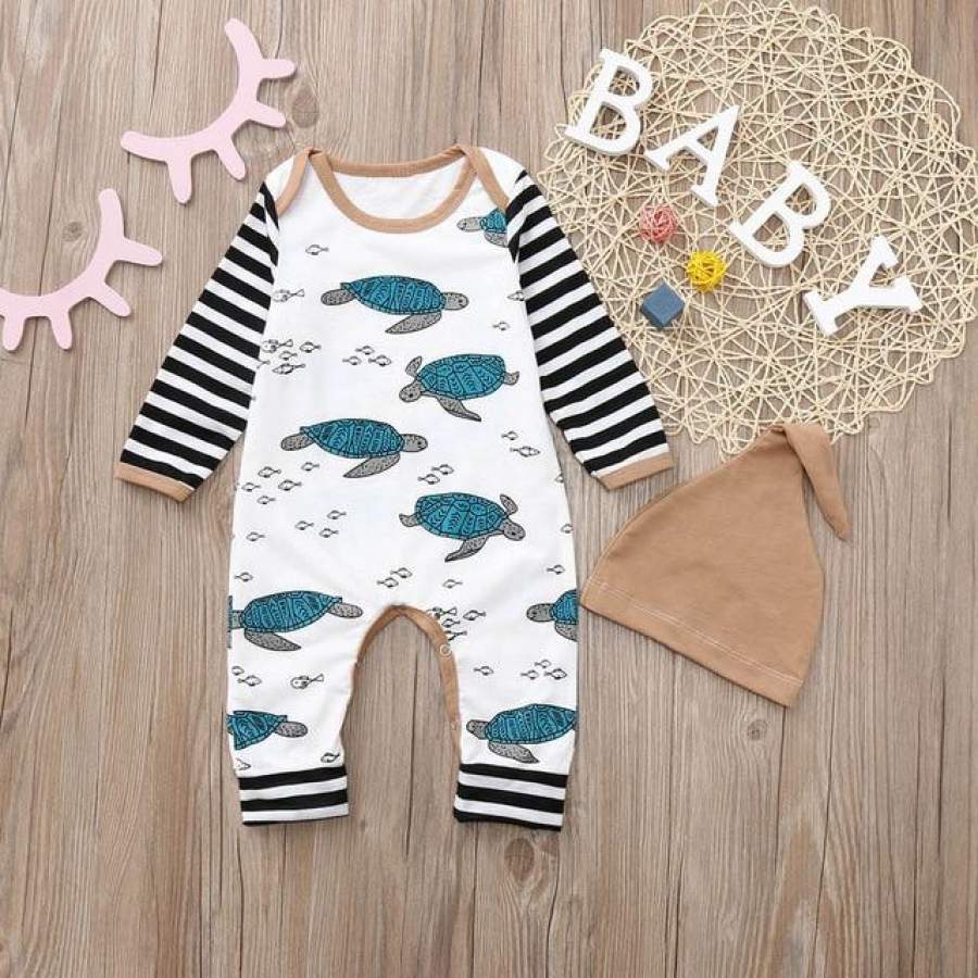 Infant Baby Boy Girl Long Sleeve Suits Tortoise Striped Print Romper Jumpsuit Hat Clothes Set