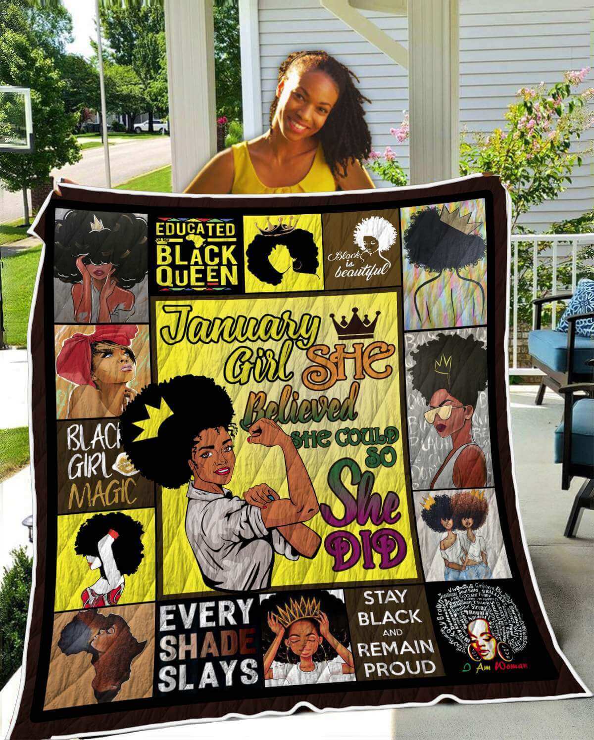 African American Quilts Strong January Girl Pretty Lady With Afro Afrocentric Themed Gift Idea WBG8217