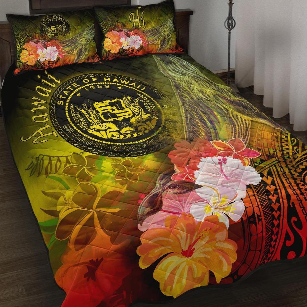 Polynesian Hawaii Quilt Bed Set – Humpback Whale With Tropical Flowers (Yellow)