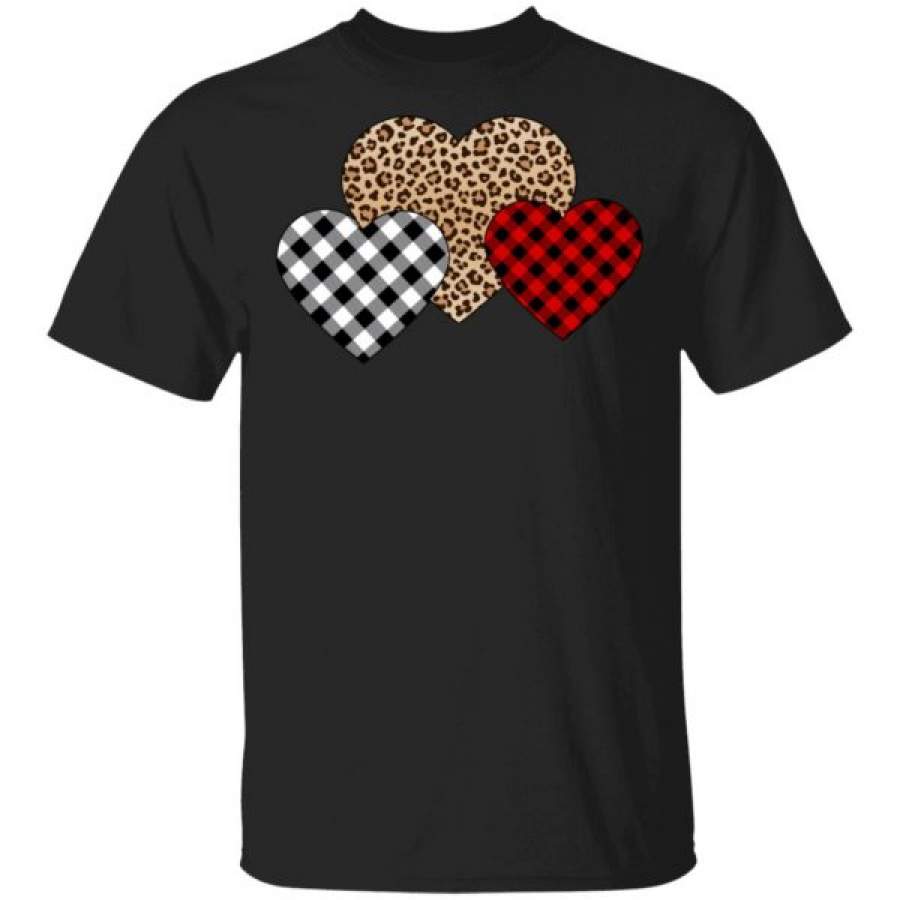 Valentine Three Hearts Leopard Buffalo Plaid Valentine’s day Shirts