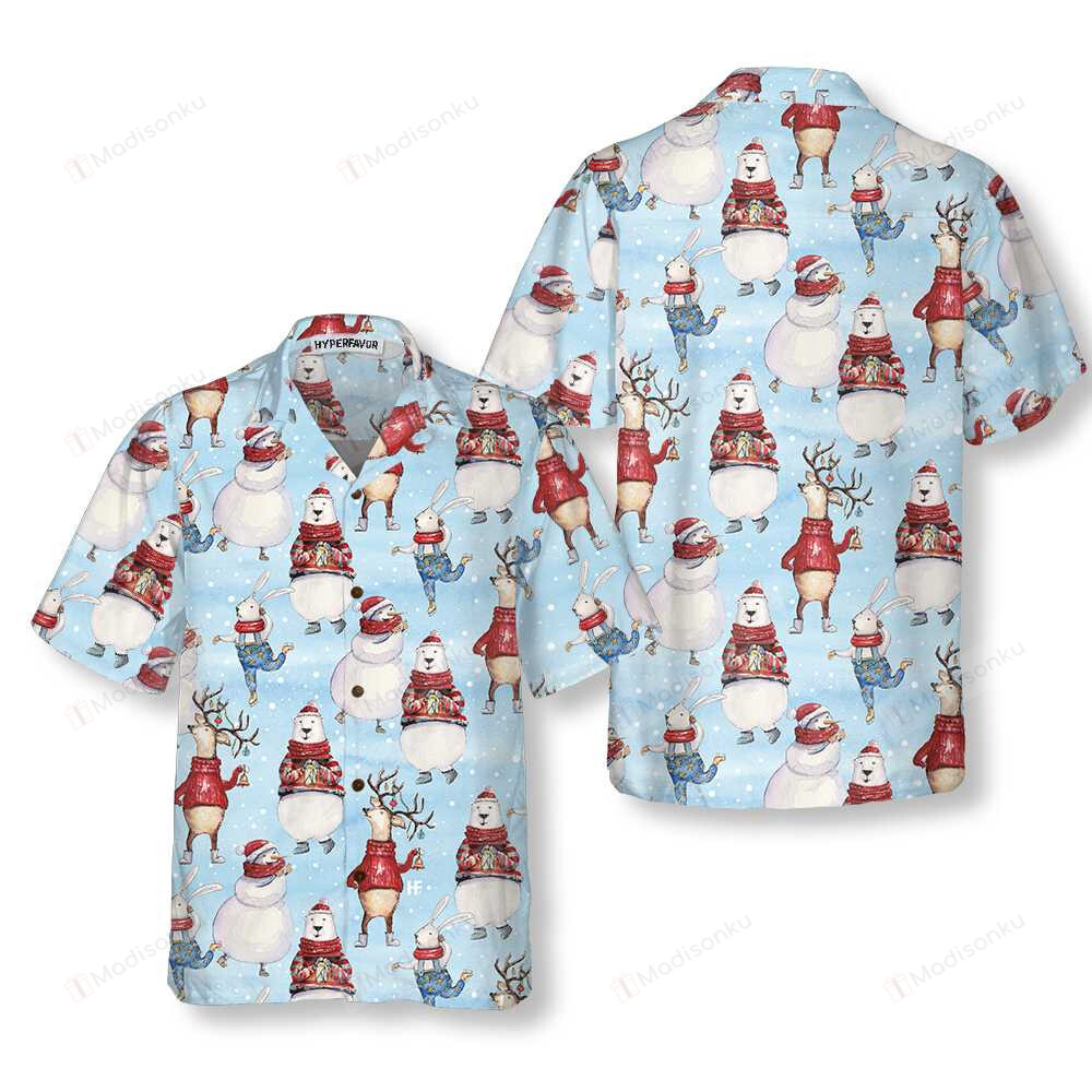 Seamless Christmas Pattern With Bunny And Snowman Christmas Hawaiian Shirt