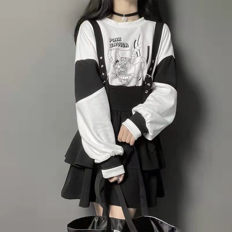 Vintage Suit Autumn Animal Sweatshirt Tops Ruffles Suspender Skirt Sets Outfits 2022 Y2k Clothes Fashion Two Piece Set Women alx