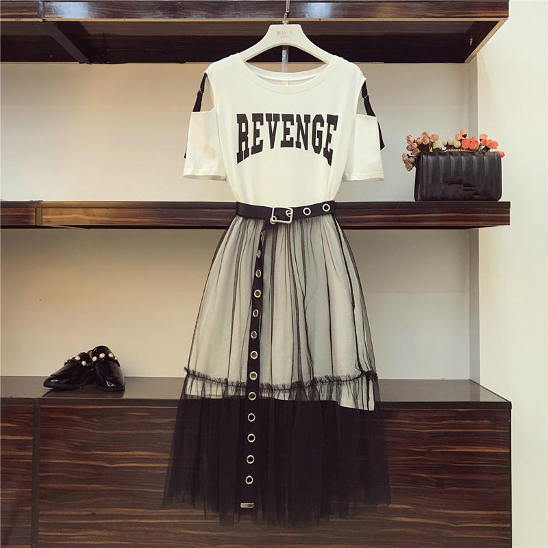 Summer 2020 New Women’s Letter print Strapless Long T-shirt +Mesh See Through Skirt 2 Piece Sets Fashion Belt Skirts Suits alx