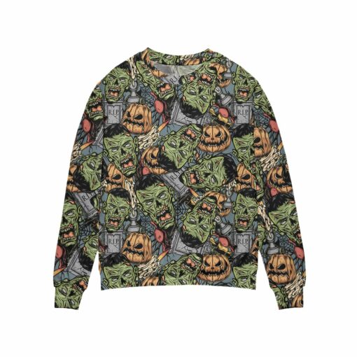 Halloween Monsters All Over Print Sweater For Men & Women, Frankenstein And Jack-O’-Lantern Full Print Sweater Shirt