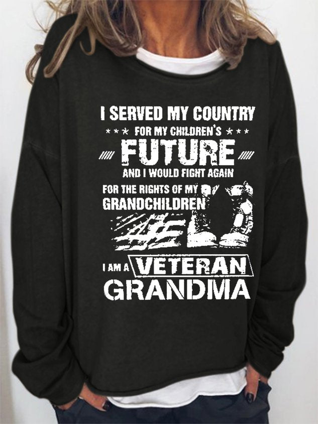 Women I Am A Veteran Grandma Letter Casual Long Sleeve Top