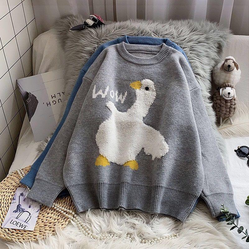 Blue Sweater Women Loose Korean Wear Lazy Pullover Autumn Winter 2021 New Popular Sweet Cute Wow Duck Cartoon Harajuku Thick alx