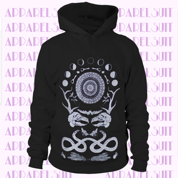 Rabbit Skull Antler Black Zip Up Screen Print Punk Moon Phase Fleece Hoodie