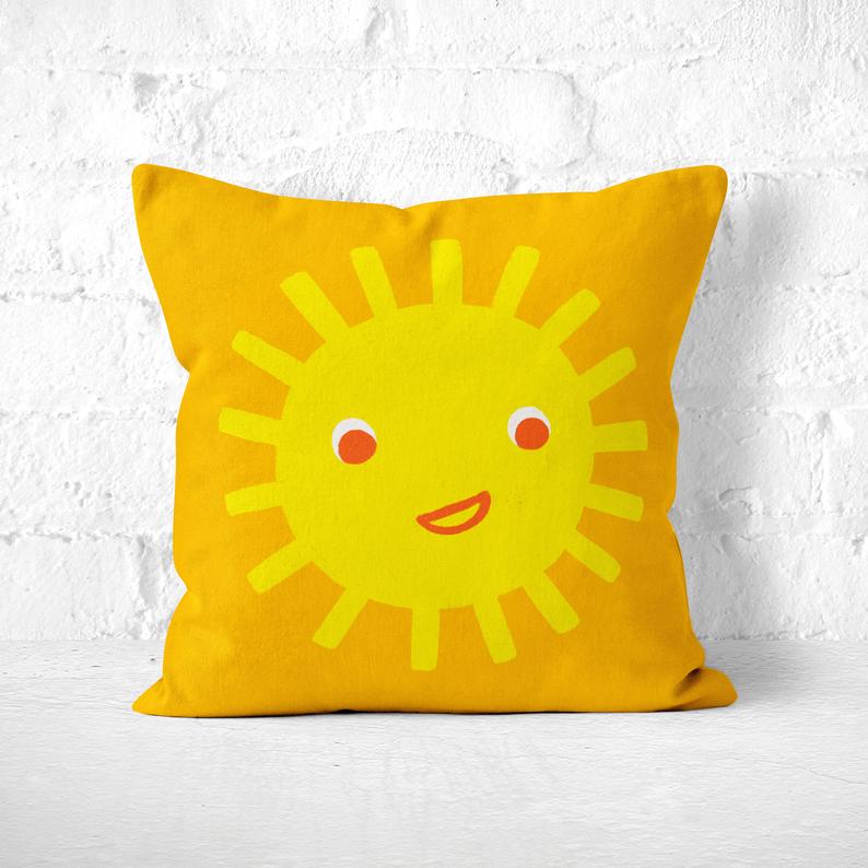 Cute Sun Throw Pillow, Yellow Kawaii Throw Cushion, Cartoon Illustration Kids Room Decor