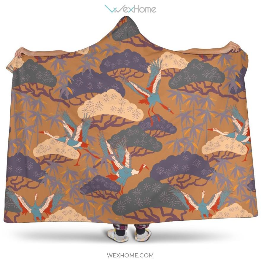 Bonsai Bamboo Stork Japanese Pattern Brown Theme Hooded Blanket