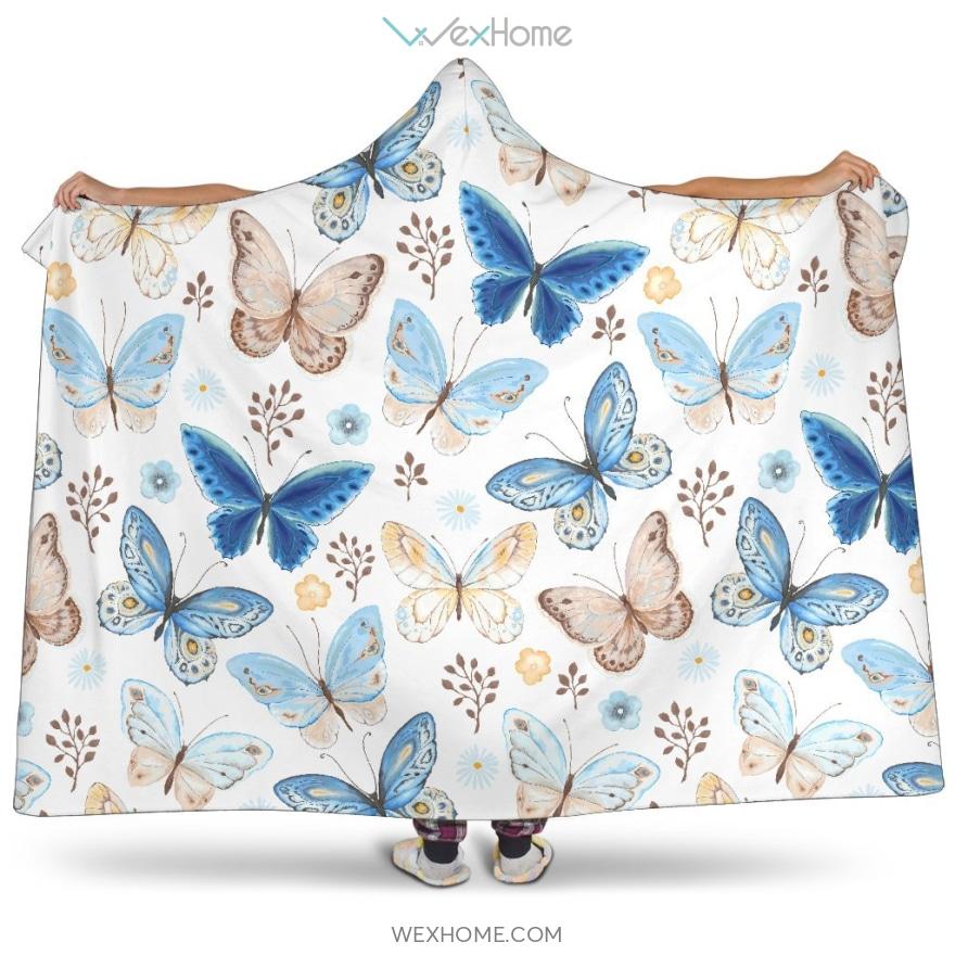 Blue Butterfly Pattern Hooded Blanket