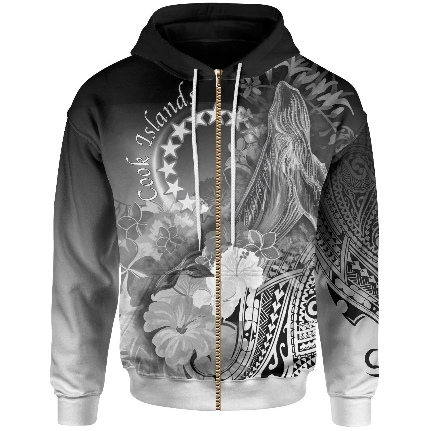 Cook Islands Zip-Up Hoodie – Humpback Whale with Tropical Flowers (White)- Pacific Print Hoodie