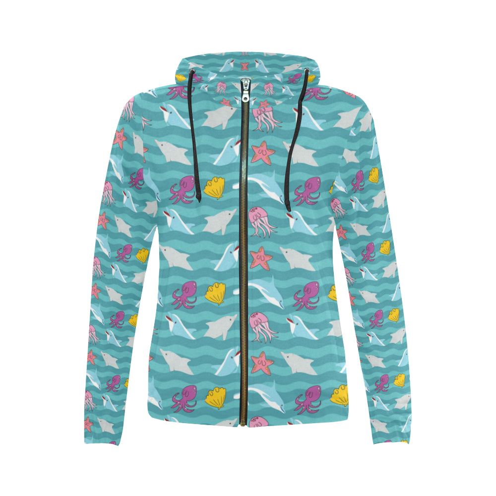 Dolphin All Over Print Full Zip Hoodie for Women