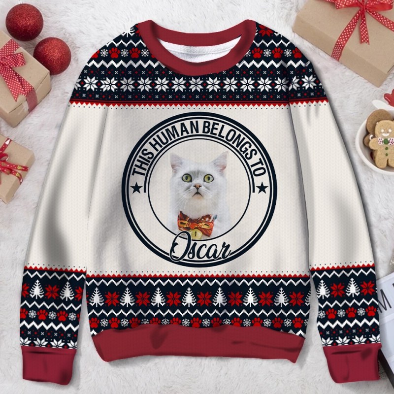 This Human Belongs To, Personalized Custom Pet Photo Ugly Christmas Sweater, Gift For Dog/Cat Lover