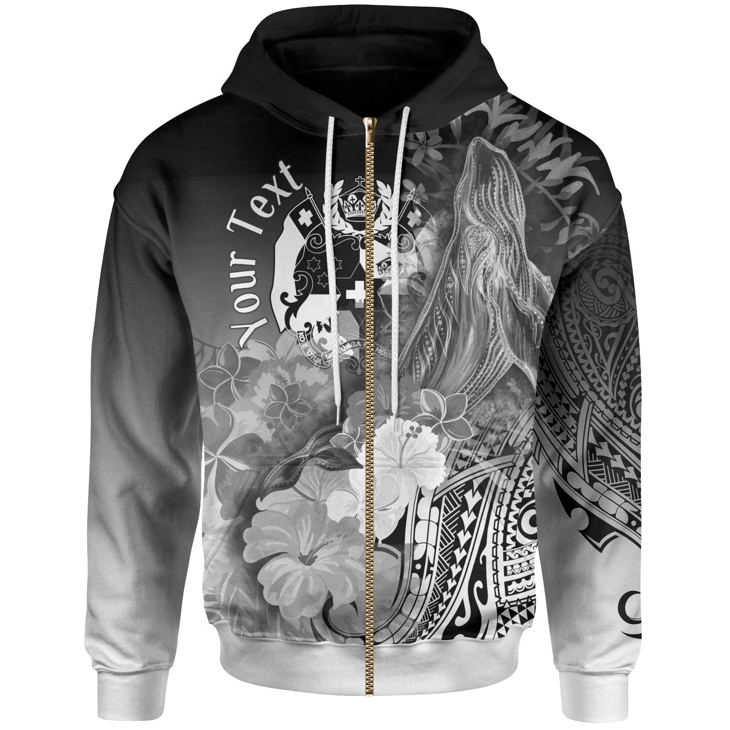 Tonga Custom Personalised Zip-Up Hoodie – Humpback Whale With Tropical Flowers (White)