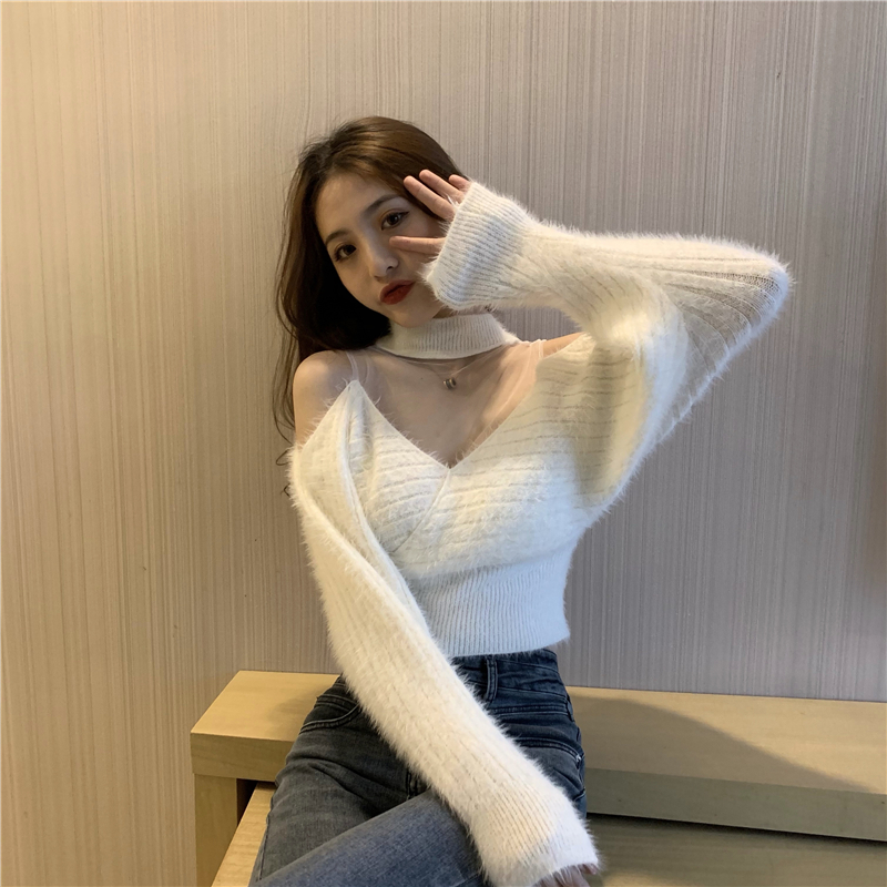 Black Whiter Winter Knitted Sweater Women Pullover Sexy Off Shoulder Strapless Tunic Cute Tops Fashion Mesh Patchwork Pull Femme alx