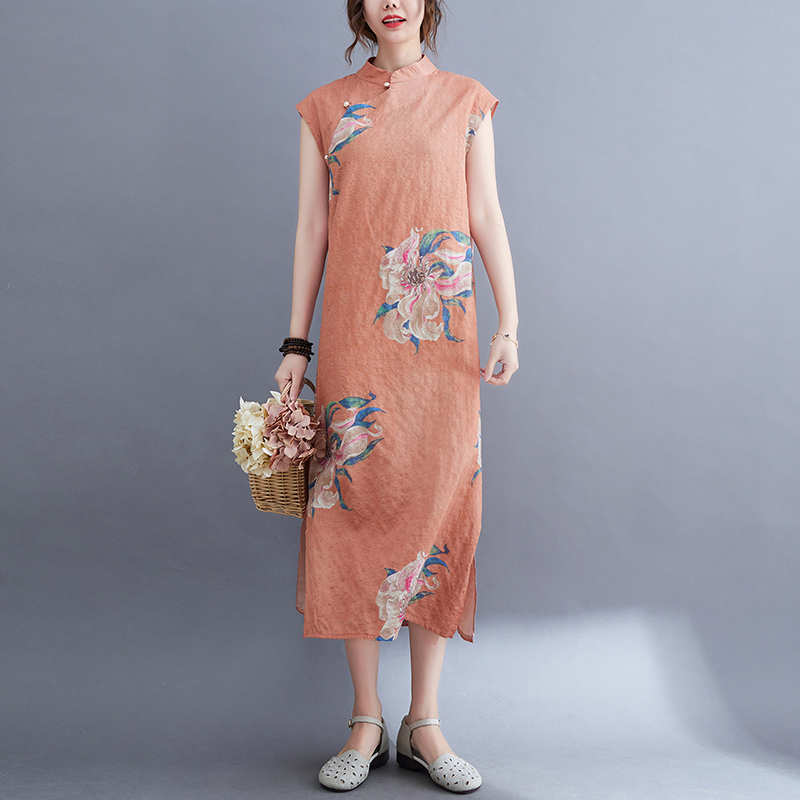 2022 New Arrival Stand Collar Beading Fashion Chinese Style Summer Dress Robes Thin Soft Cotton Vintage Women Midi Dress alx