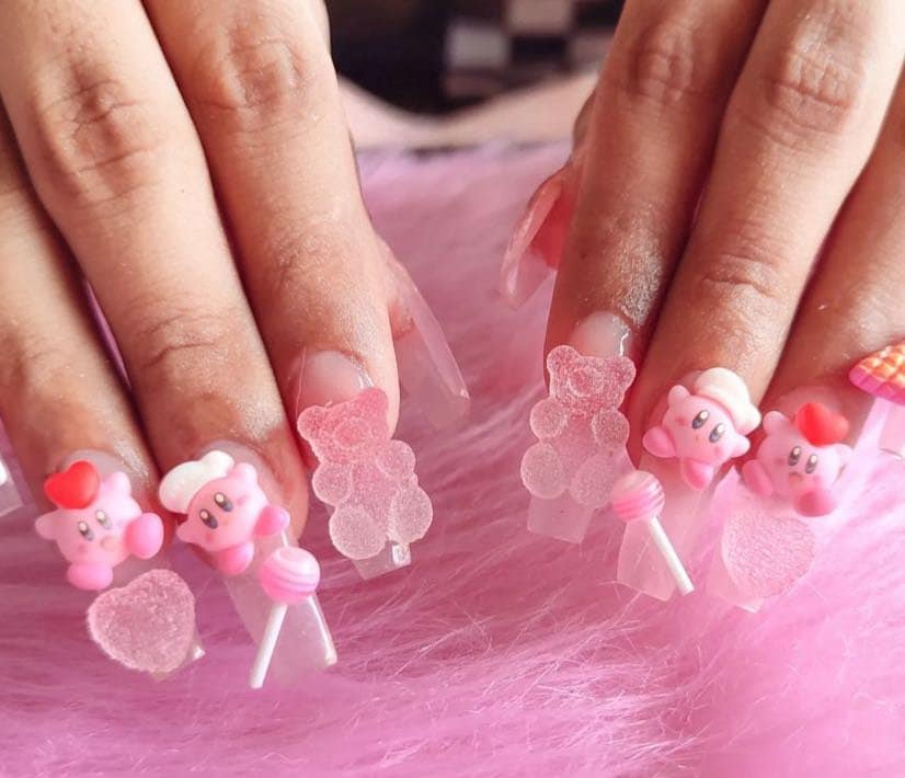 Pink Candy Bear and Kirbby Design Press On Nails / Handmade Y2K Fake Nails/Spring Nails/Y2K Nails Kawaii Nails / Cute Japanese Nails #298