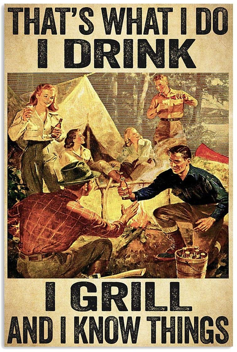 Vintage Camping – Drink Grill Know Things Poster Art Print      Home Decor Gift For Men Women Family Friend On Birthday Xmas