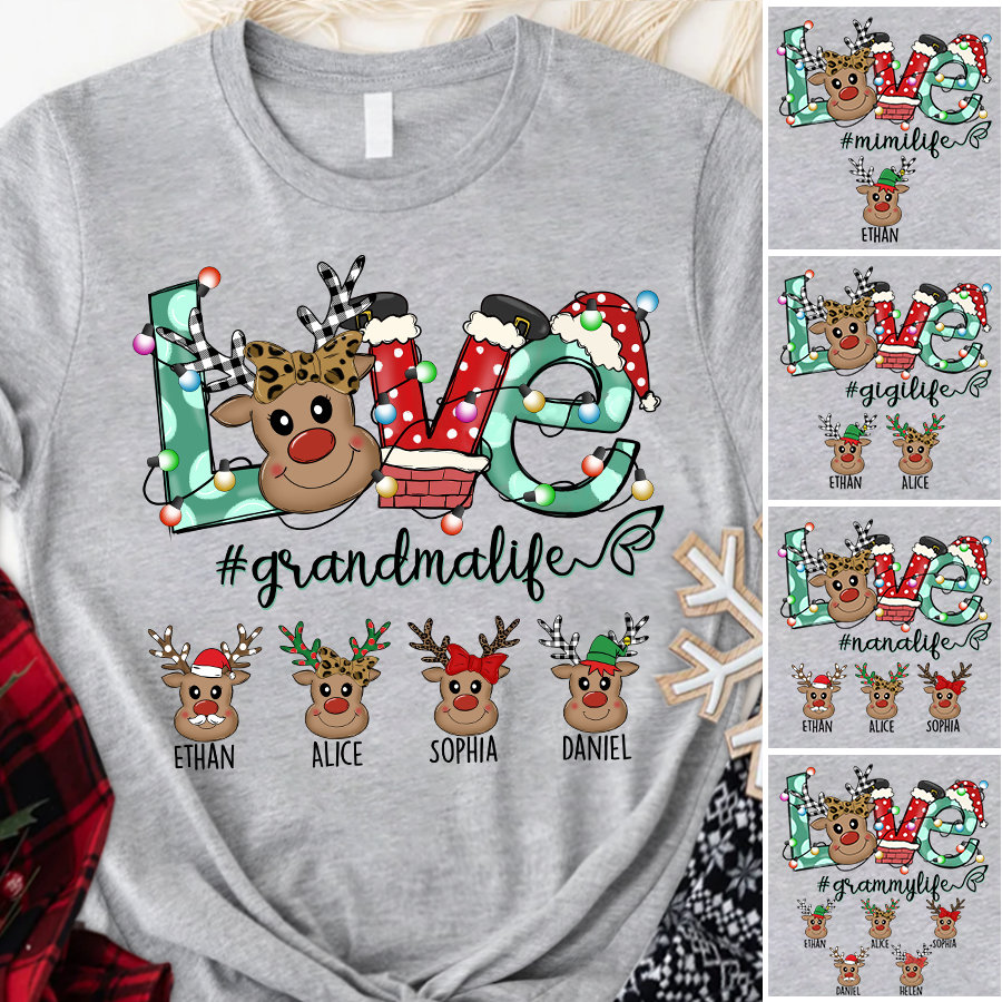 Custom Christmas Reindeer Grandma Shirt, 2022 Love Grandma Shirt Custom Kidname, Custom Grandma Nana Mimi Gigi Sweatshirt For Christmas