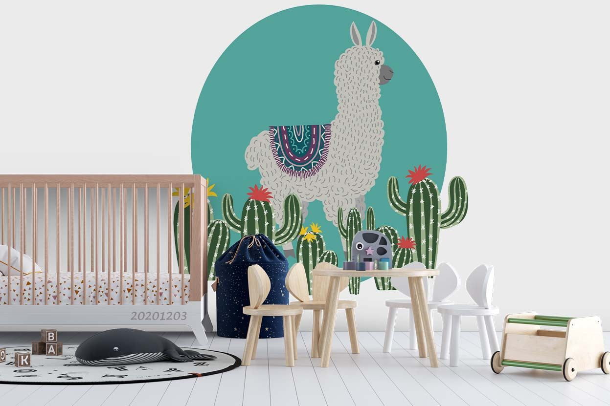 3D Cartoon Alpaca Animal Cactus Plant Green Wall Mural Wallpaper Lxl