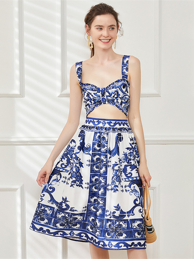 Summer Runway Blue And White Porcelain Printed Beach Set Women Flower Short Spaghetti Strap Elastic Top＋Midi Skirt 2 Pieces Suit alx