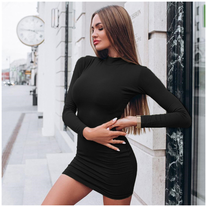 Autumn Sexy Solid Color Turtleneck Skinny Mini Dress Women Fall Keep Warm Long Sleeve Slim Dress alx